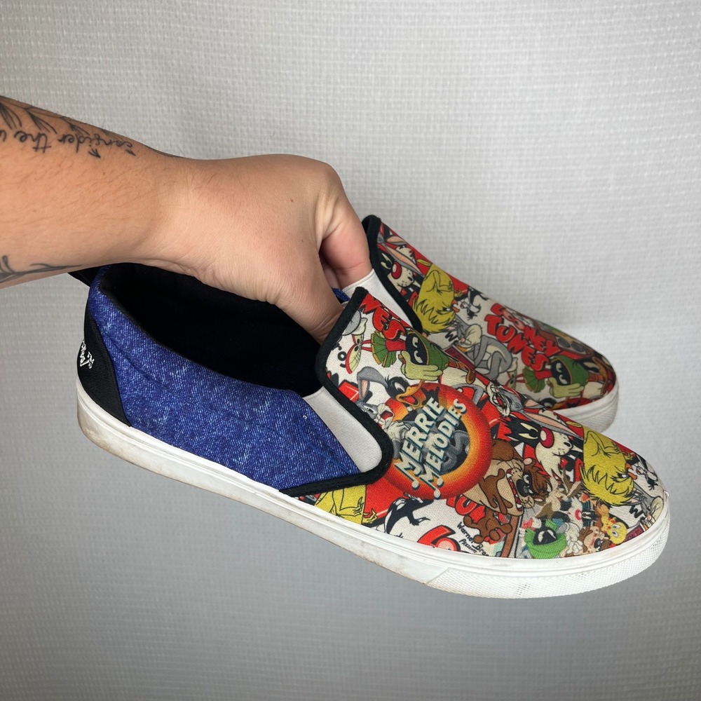Looney Tunes Merrie Melodies Mens Slip On Sneakers Character Print Blue Size 12